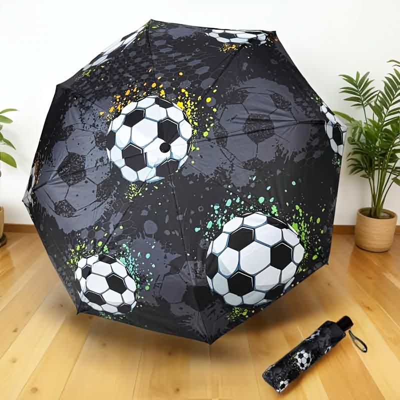

A Stylish And Cool Foldable Umbrella with a Soccer Pattern, Perfect for Travel And Outdoor Use. This Large-Sized Black Umbrell