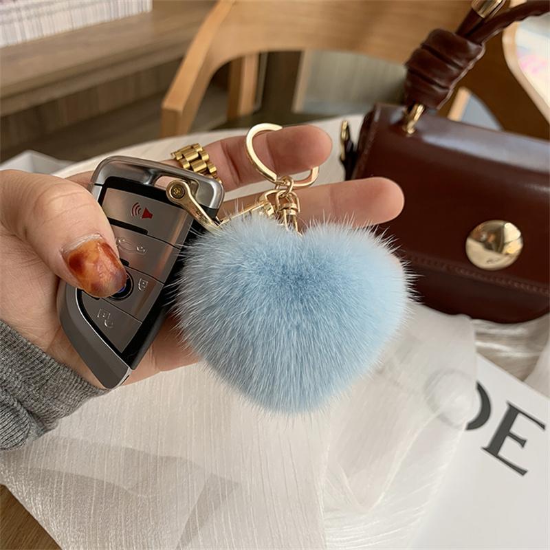 Large Heart Pompom Key Chain For Women Rainbow Plush Ball Keychain Car Bag Pendant Fashion Jewelry Fluffy Love PomPons Keyring