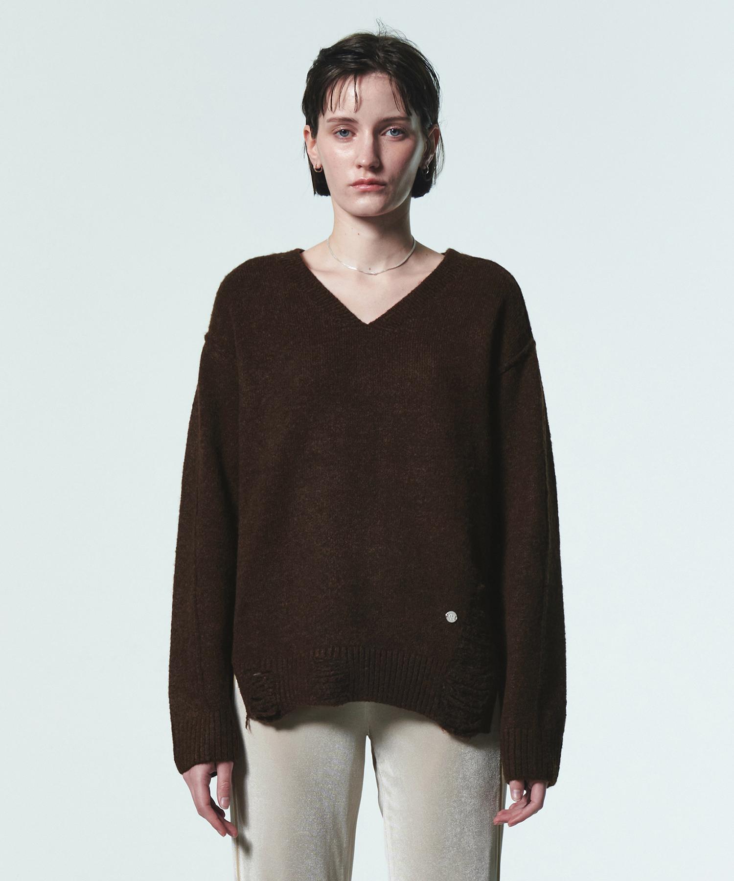 Current Damage V Neck Knit Top [Brown] Free
