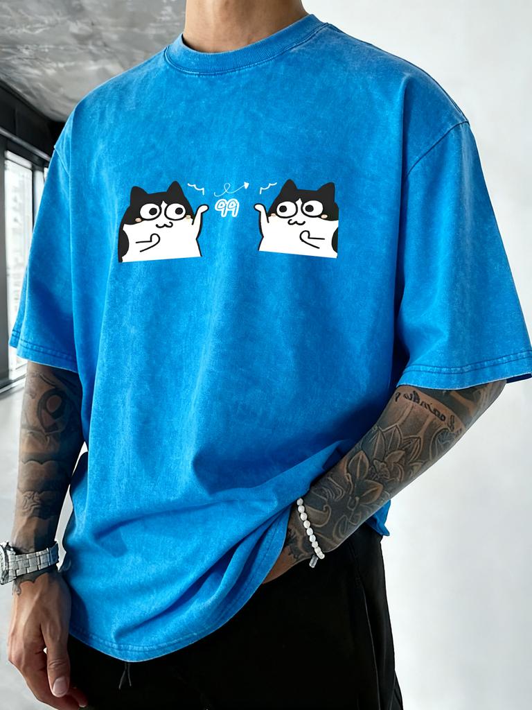 Cute Cartoon Cats Print Men Washed TShirts Cotton Vacation T Shirt Loose Soft Short Sleeves Summer Crewneck Man Streetwear