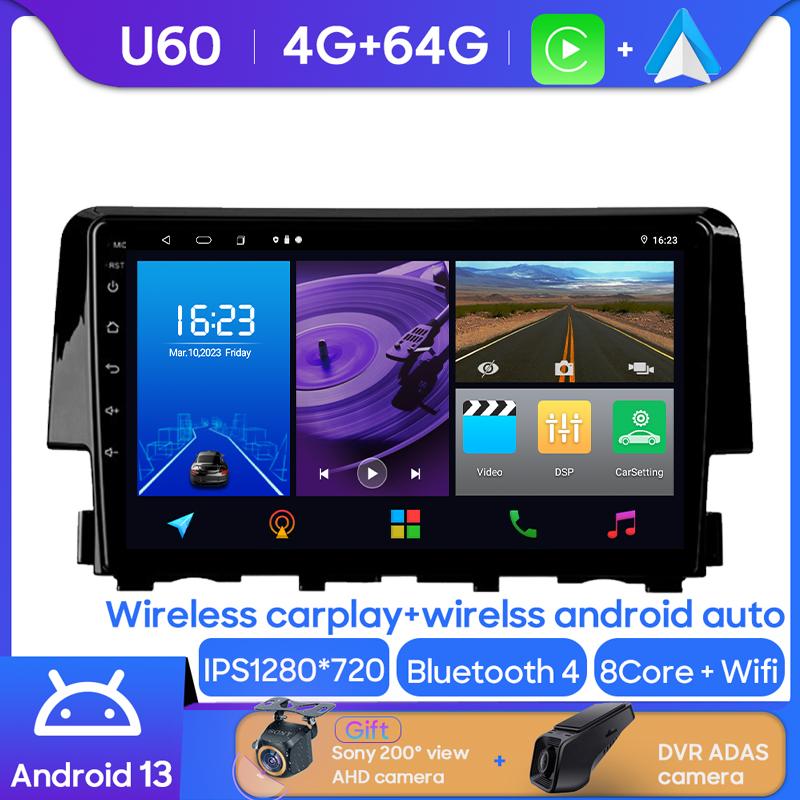Android 14 For Honda Civic 10 FC FK 2015 - 2020 Car Radio Multimedia Video Player Android Auto Wireless Adapter