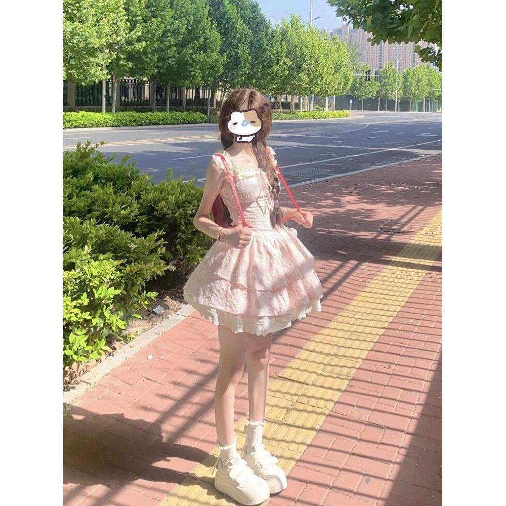 Girls French Floral Dress, Small Flying Sleeves, Princess Cake Dress, Waist Tutu Skirt, Children's Summer First Love, Milk Sweet