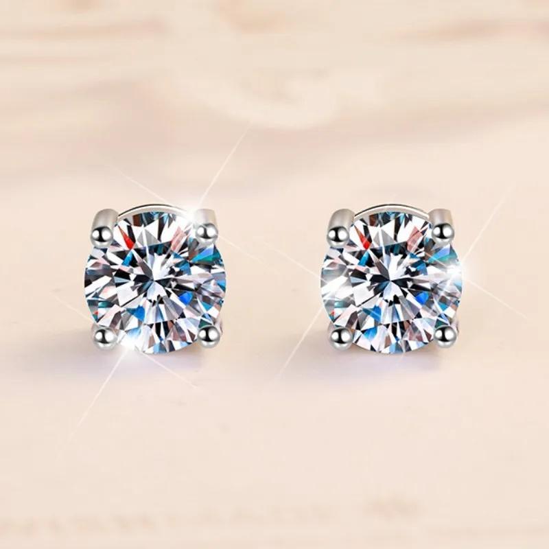 Fin Jewel GRA VVs1Moissanite Earrings 0.8CT/1Ct/2Ct Round Bright Cut 925 Sterling Silver VVs1Moissanite Stud Earring for Woman