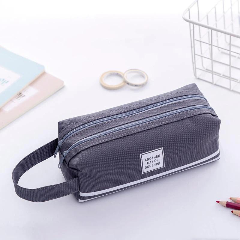 Oxford Cloth Pencil Case Large Storage Double Zippers Portable Handle For Students School Office Daily Stationery Use