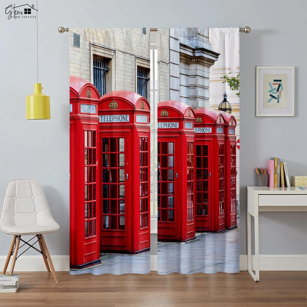 Black And White City Building 3D Printing Curtain Street View Building Red Bus Telephone Booth Simple Modern Decorative Curtain