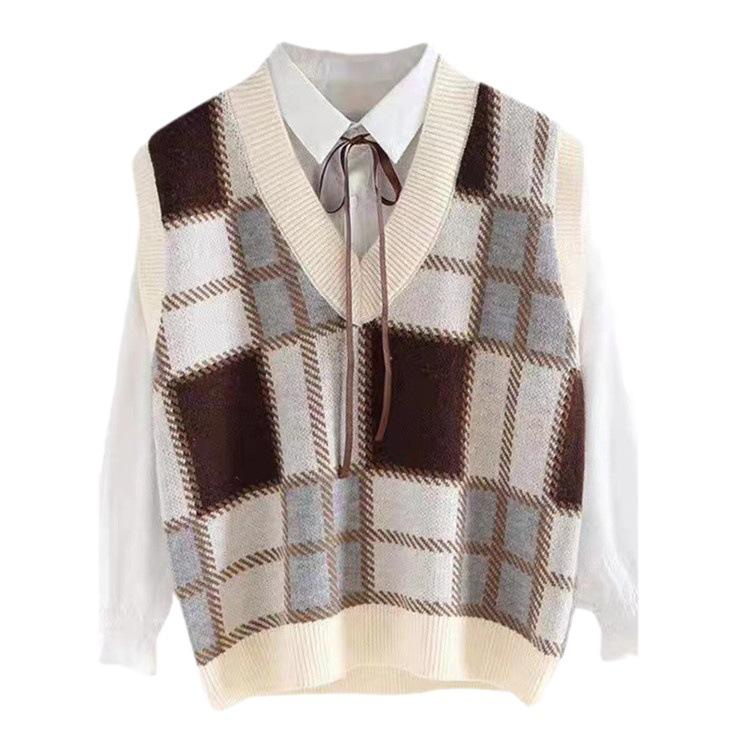 Sweater Vest Women V-neck Soft Warm Fashion Plaid Sleeveless Sweaters Retro All-match Loose-fitting Knitted Vest