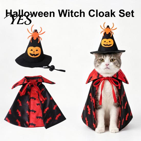 Cat Costume with Hat 1 Set Pet Halloween Costume, Spider Pumpkin Wizard And Outfit Double-Sided Bat Print Cape, Holiday Party for Cats Dogs Medium Dog