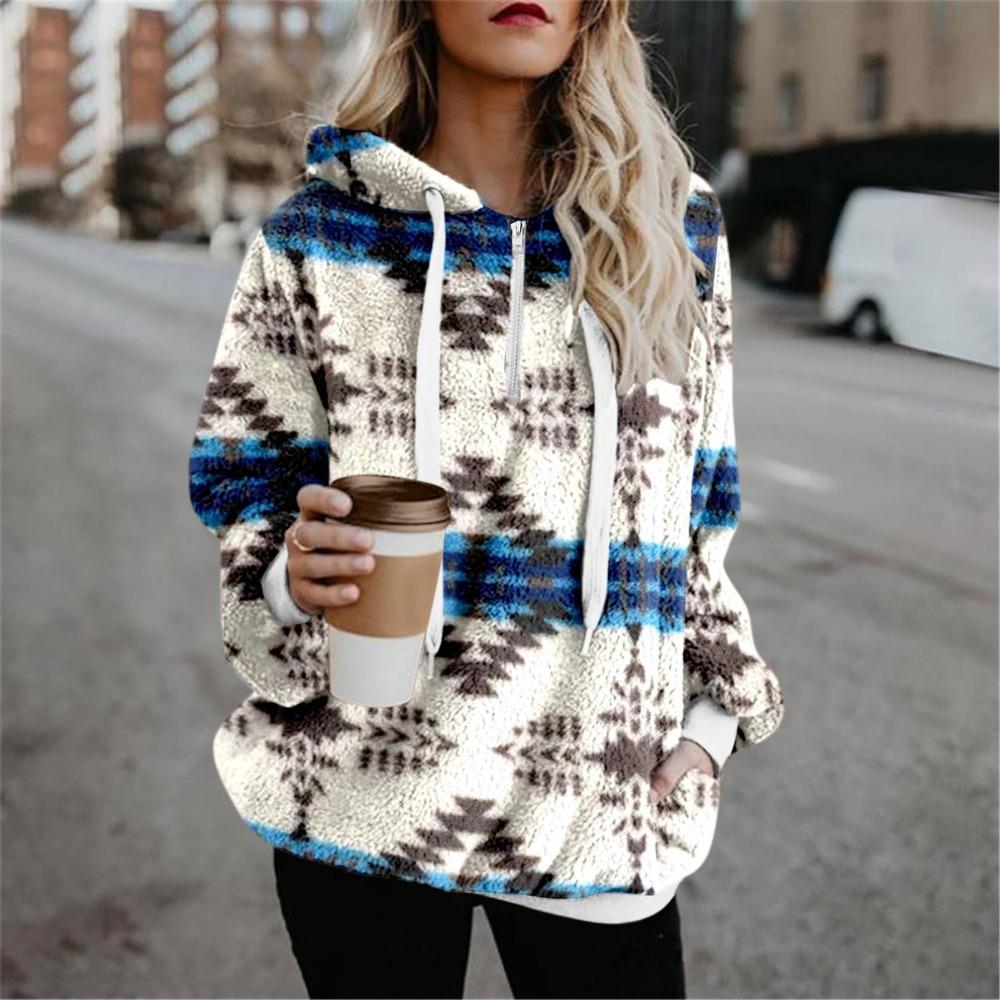 Women's Hooded Half Zip Fleece Sweatshirt Loose Fit Ethnic Geometric Print Pullover With Pockets