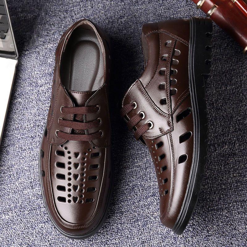 Leather Cowhide Summer Sandals Men's Leather Casual Cool Leather Shoes Breathable Hollow Lace-up Leather Shoes