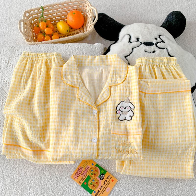 Milk Yellow Grid Line Puppy Pajamas Women'S Summer High-Value Cloud Cotton Loungewear Short-Sleeved Three-Piece Set
