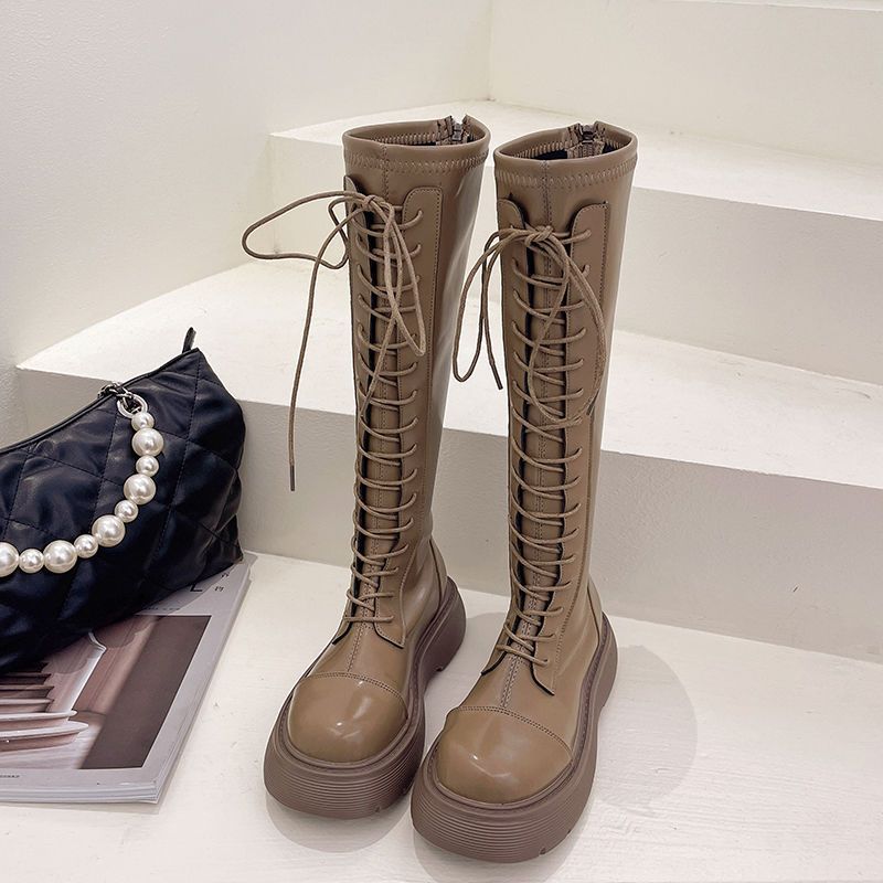 Stövlar Damstövlar Nytt på hösten och vintern Vita Plattformstövlar Fleece Snörning Höga Martin-stövlar