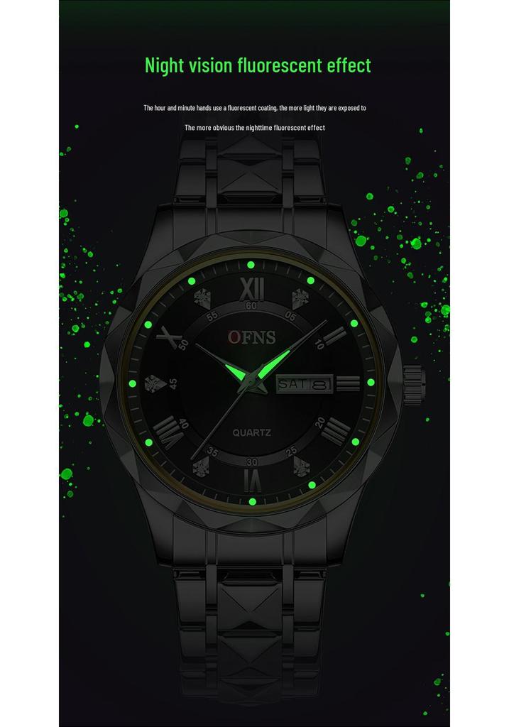 OFNS Herren Quarz Business Uhr: 3D Römische Ziffern, Doppelkalender, Wasserdicht, Edelstahlarmband.