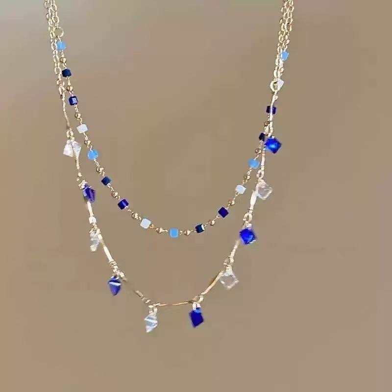 Fashion Colored Zircon Bead Necklace for Women Girls Exquisite Geometric Double-Layer Small Square Pendant Necklace Jewelry Gift