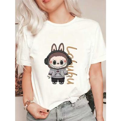Oversized T Shirt Black Cartoon Rabbit With Headphones And Lolubu Text Print Casual Streetwear For Women