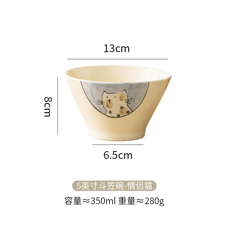 Japanese Hand Painted Ceramic Rice Bowl Cartoon Underglaze Bamboo Hat Design for Kids Meals Home Use Cute Gift Set
