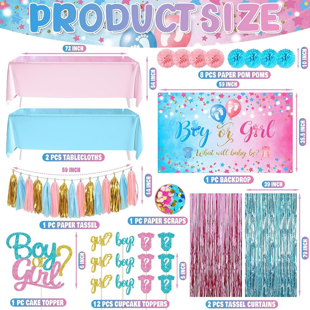 109Pcs Gender Reveal Decorations Boy or Girl Gender Reveal Party Supplies Including Balloons Tablecloths Backdrop Cake Toppers Fringe Curtains Tissue