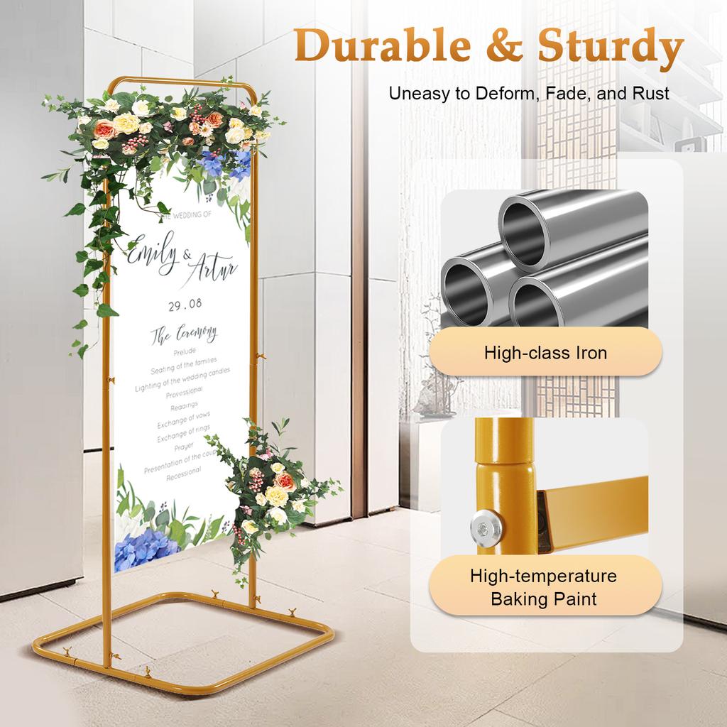 Elegant Gold Metal Wedding Arch Stand Decor,4.9 Ft Tall Geometric Welcome Sign Frame, Seating Chart Holder, Guest List Directory
