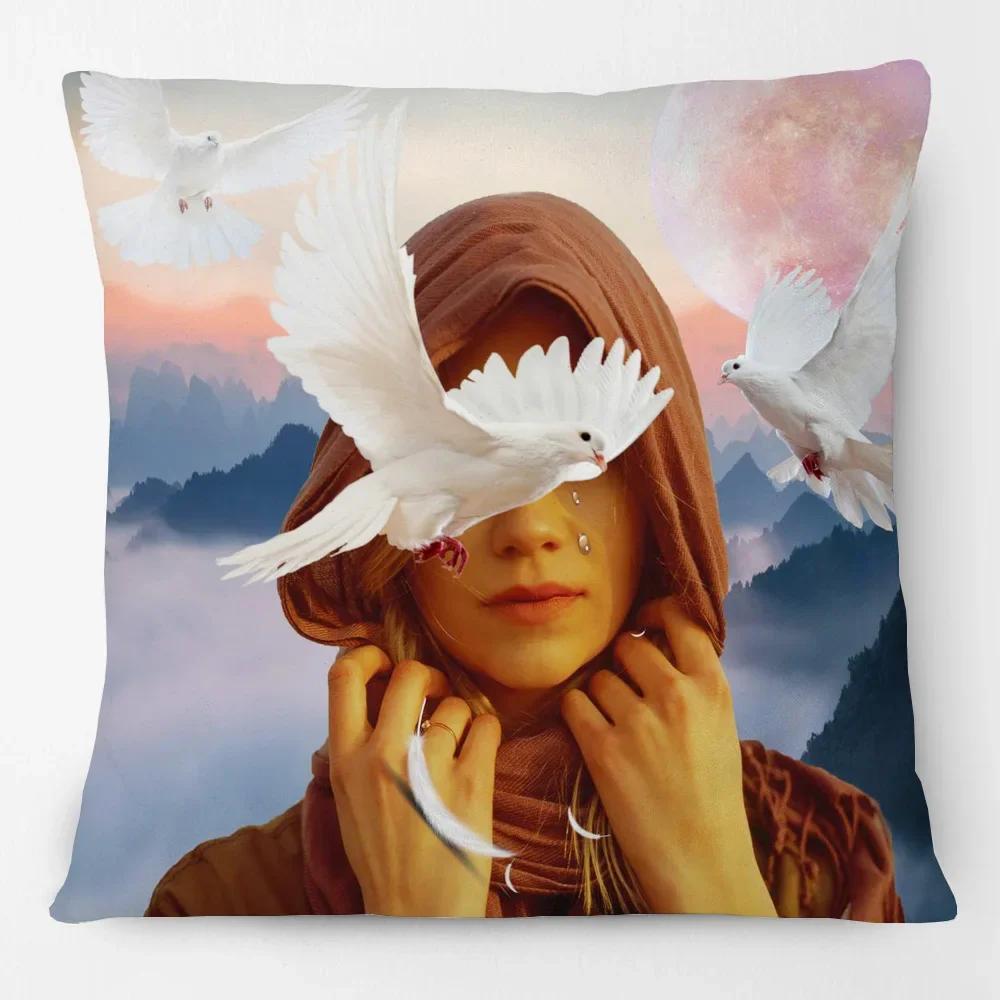 European Flower Painting Rose Dreams Woman Girls Portrait Poster Cushion Cover Birds Dove Home Pillow Case