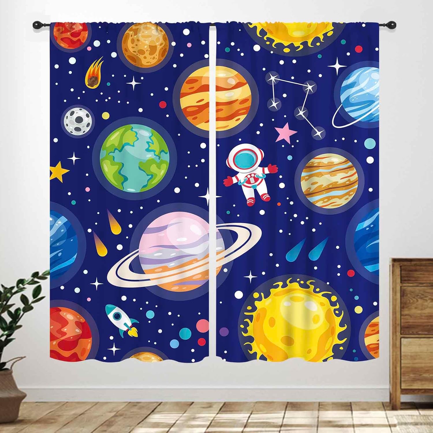 Kids Cartoon Space Curta,Outer Space Universe Solar System Planet Window Curta For Boys Cartoon Astronaut Galaxy Curta 53x116cm 2pc21x46in