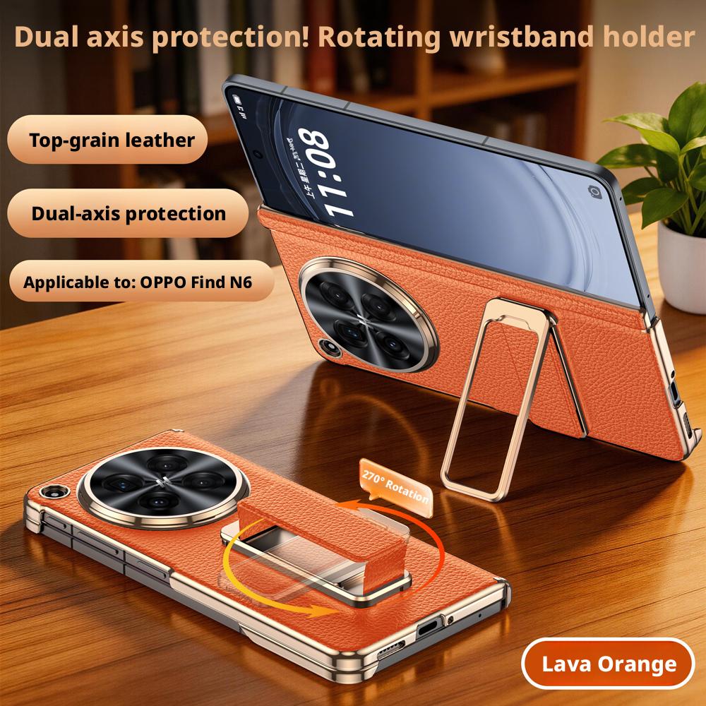 

For Oppo Find N6 Case Genuine Leather Auto-Retracting Finger Grip Band Metal 270° Rotating Stand Dual Hinge Protection Cover Genuine Leather&OPPO Find N6