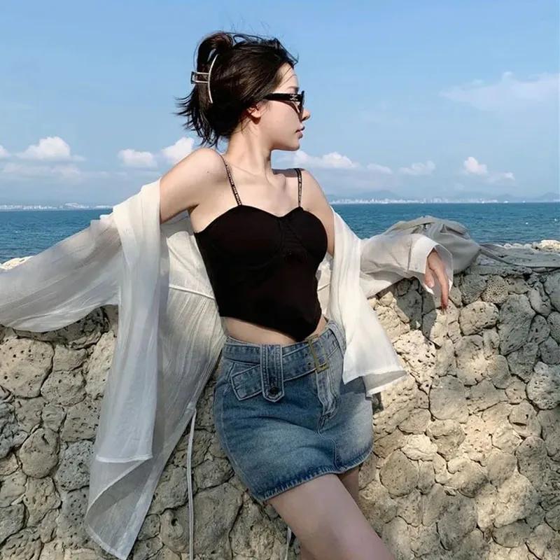 Thin Long Sleeve Sunscreen Shirt Woman Back Split Lace Up White Shirts Women Casual Loose Holiday Beach Blouse
