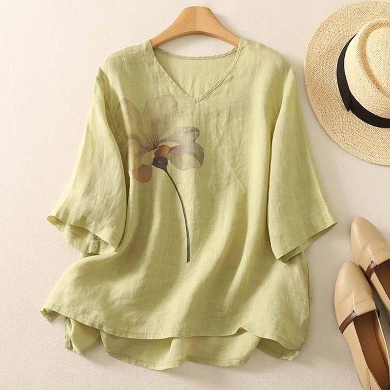 Cotton T-shirt Female Summer V-neck Loose Soft Casual Large Size Short-sleeved Blouse Top