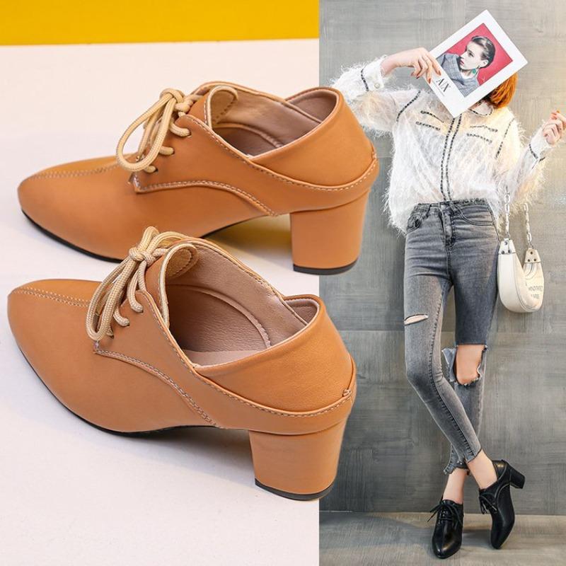 Spring/Summer New Pointed Small Leather Shoes For Women, Retro, Thick Heel, Lace Up, Large Single Shoes For Women