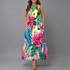 Plus Size Women Sleeveless Round Neck Dress Vivid Tropical Plant Printed Flowy Mid Calf Gown