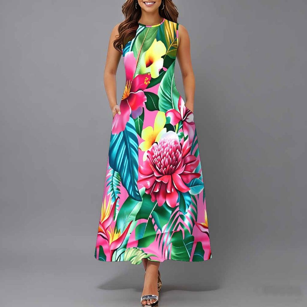 Plus Size Women Sleeveless Round Neck Dress Vivid Tropical Plant Printed Flowy Mid Calf Gown