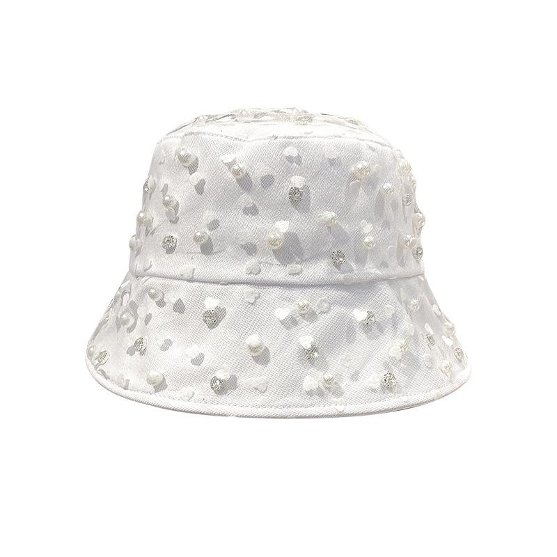 Full Diamond Pearl Thin Fisherman Hat Children Summer Outdoor Sunshade Sun Protection Hat Ins Wind Beach Travel Basin Hat