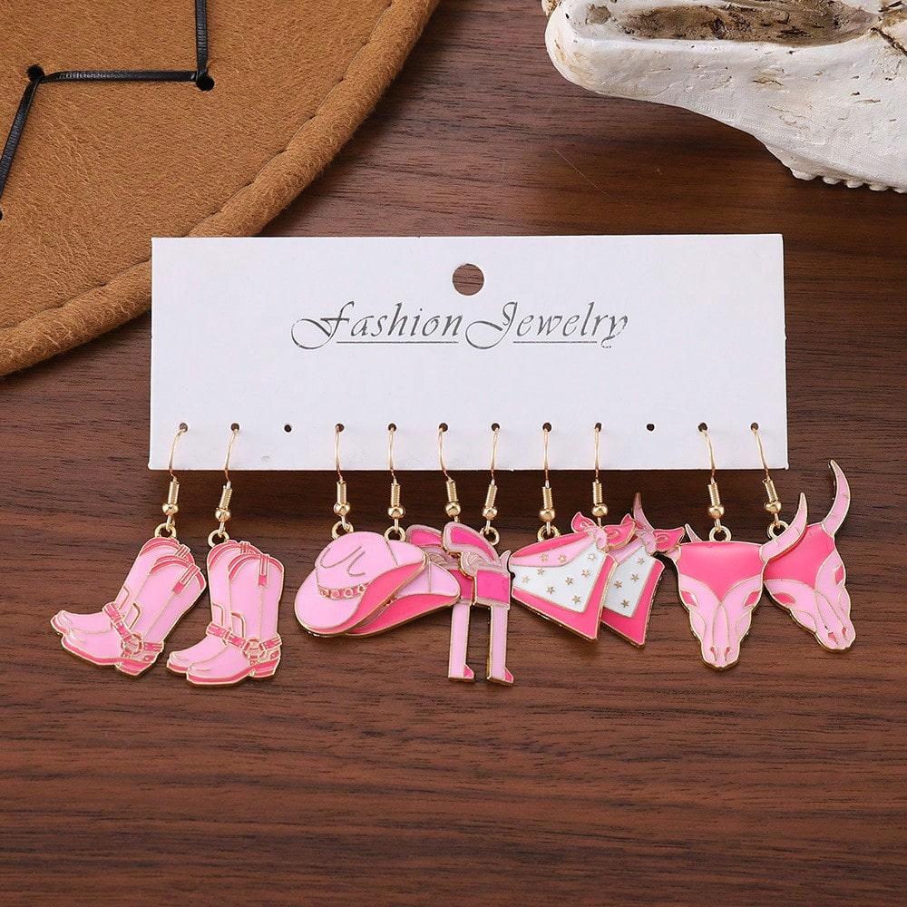 5pair / Set Western Charms Pendants Earrings Cowboy Cowgirls Series Boots, Hats, Pistols, Bull Heads, Scarves, Earrings Jewelry Gift