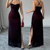 Women's Spaghetti Strap Mesh Ruched Split Maxi Dress Sweetheart Neck Bodycon Party Evening Dress