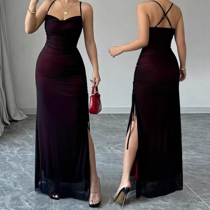 Women's Spaghetti Strap Mesh Ruched Split Maxi Dress Sweetheart Neck Bodycon Party Evening Dress