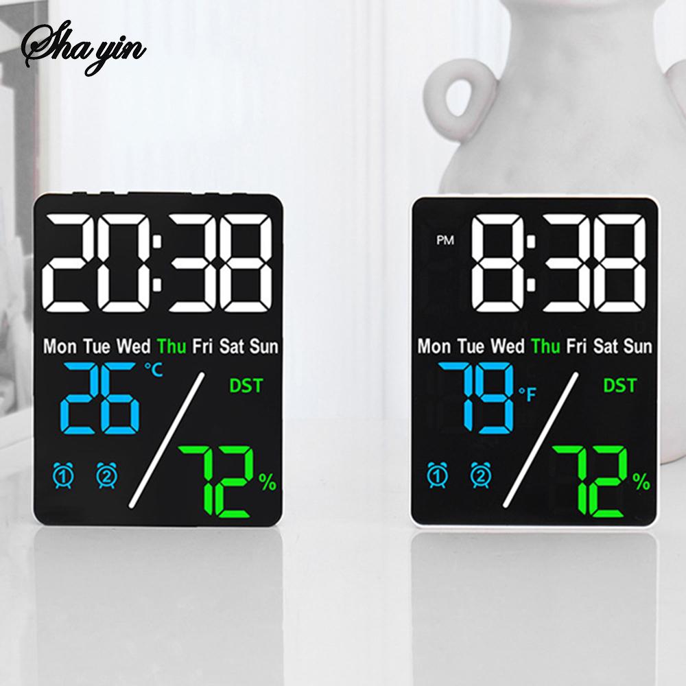 Digital Alarm Clock TEMP Humidity Date Week Disply 2 Alarm Snooze Electronic Table Clock 3-level Brightness 12/24H DST LED Clock