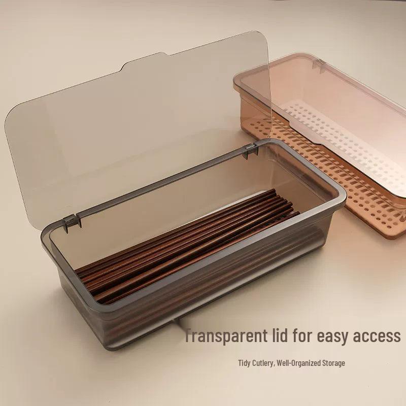 Chopstick & Spoon Storage Box with Lid - Dustproof, Quick-Drying, Water-Draining Kitchen Organizer. Gray Chopstick Holder