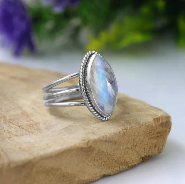 

Кільце з місячним каменем RainbowSilver, масивне кільце у формі краплі, срібло 925 проби, прикраса в стилі бохо, кільце з великим каменем, подарунок для жінок, енергетичне кільце для неї 9 срібний