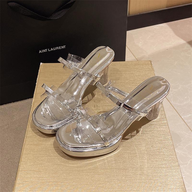 Silver Thick Heel One-word Cool Slippers Summer 2025 New Fairy Wind Open-toed Crystal Medium Heel Roman Slippers