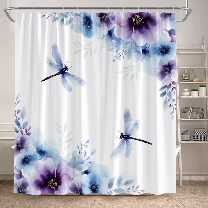 Butterfly Floral Shower Curtains Watercolor Purple Lavender Hummingbird Dragonfly Flower Plant Bathroom Curtain Decor with Hooks