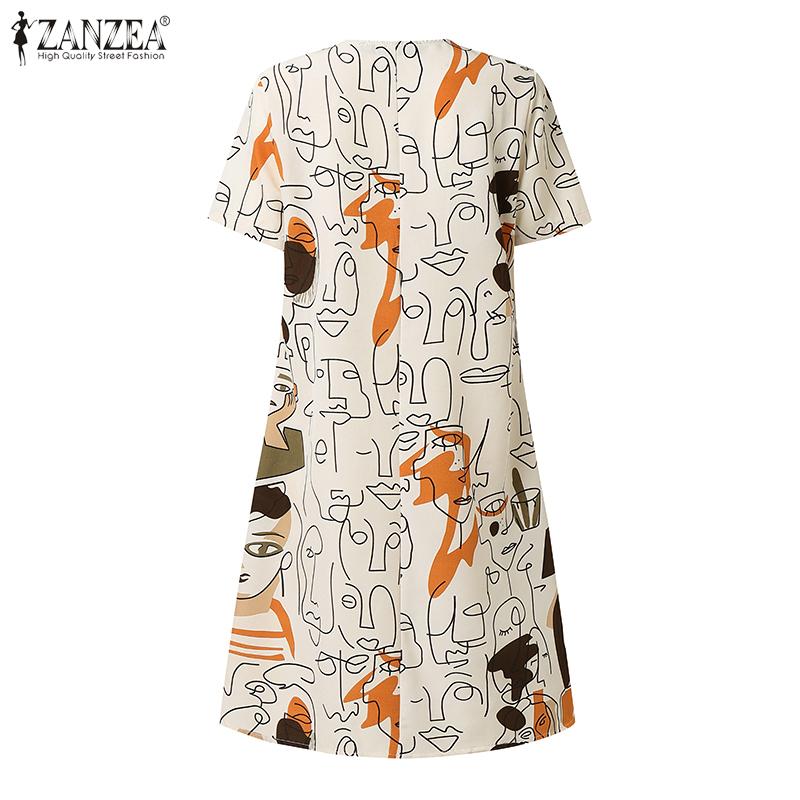 ZANZEA Women Casual V-Neck Short Sleeve Loose Print Dress