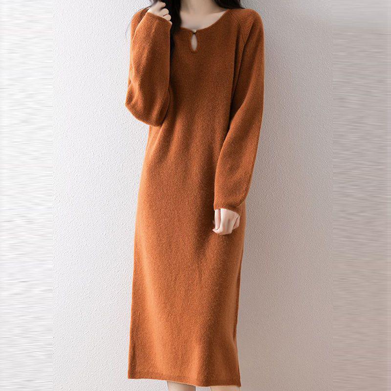 Solid Color Knitted Sweater Dress - Round Neck, Mid-Length, Loose Fit, Slimming, Fashionable for Spring and Autumn