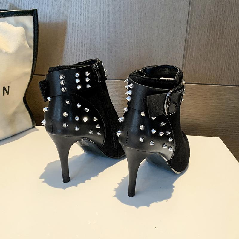 Spitze dünne Absatz Nieten Kurzstiefel Damen Herbst und Winter neu hochhackig Temperament Wildleder vielseitige Mode Stiefel