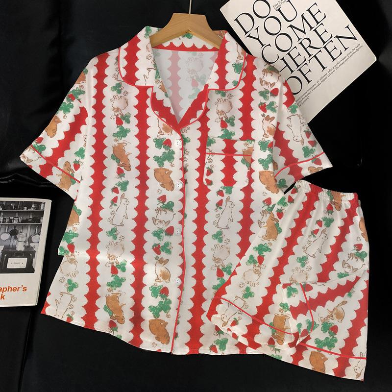 

Пижама из ледяного шелка женская летняя милая с кружевной отделкой с коротким рукавом с цветочным принтом и кроликом атмосферная домашняя одежда комплект 2XL