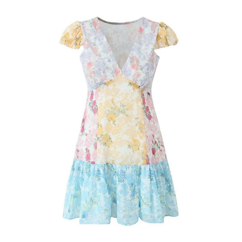 

Niche Temperament Color-Block V Neck Mini Short Dress Color-block Floral(High quality) L