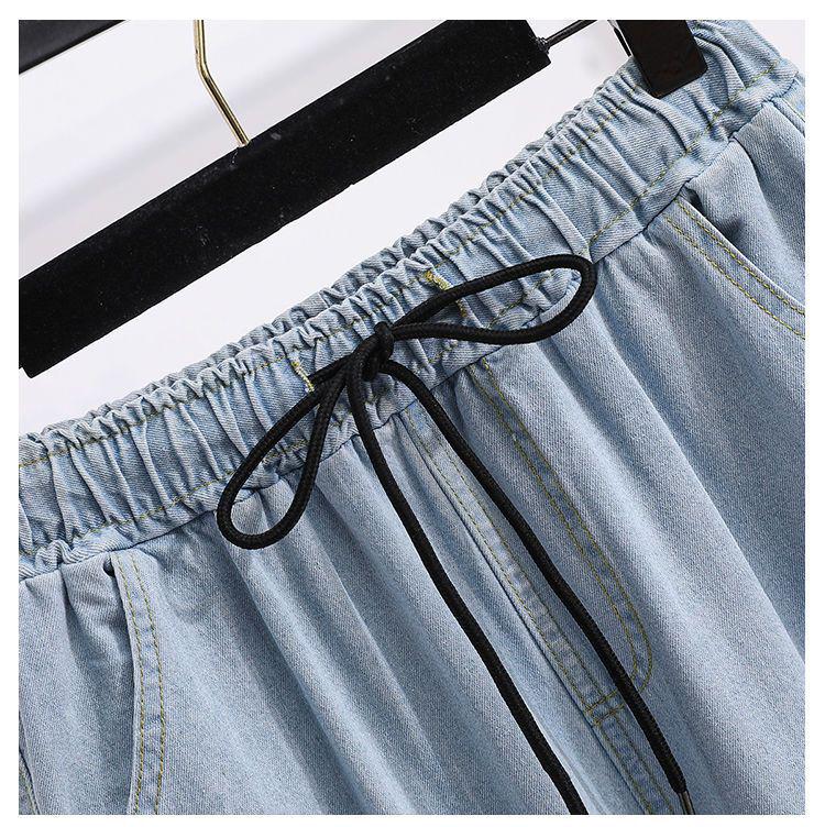 Summer Korean Style Plus Size Wide-Leg Women's Jeans - High-Waisted, Elastic Waist, Cuffed Loose Fit