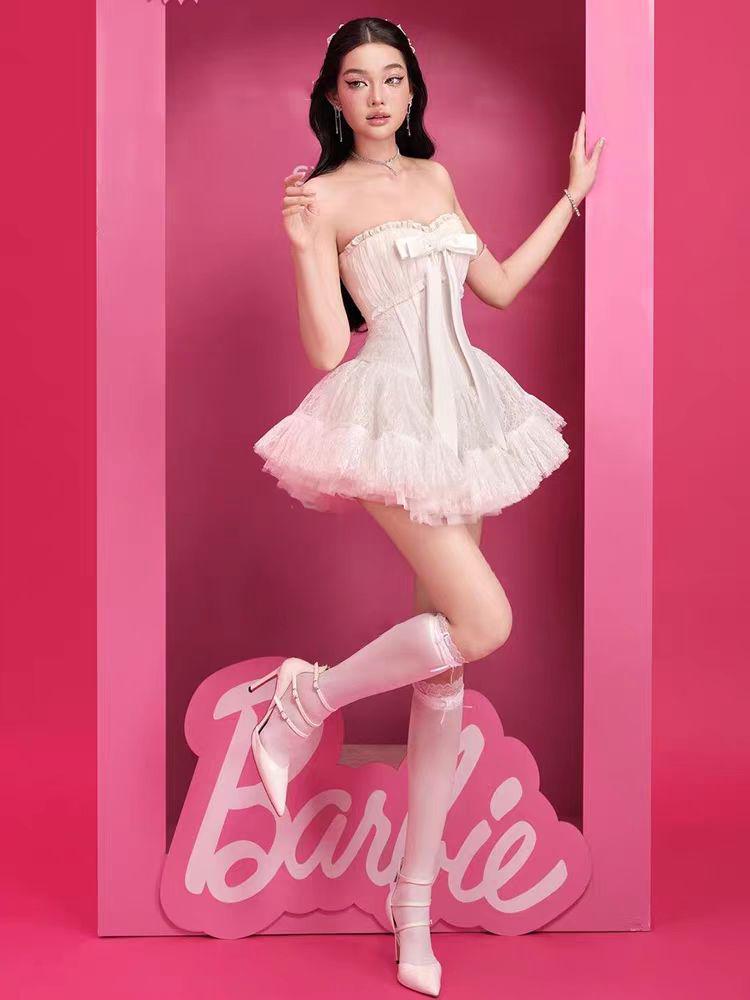 Vietnamese Sweet Bandeau Lace Bow Patchwork A-line Dress