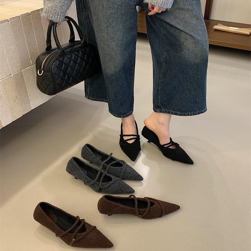 2025 autumn new temperament suede pointed head small low heel high heels fashionable versatile retro thin commuter shoes