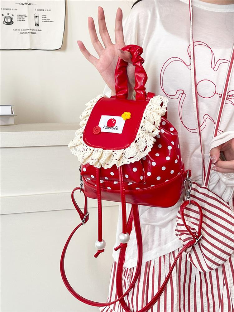 Korean Lace Mini Backpack Color Blocked Leather Dots Fashi Cute Small Backpack 2026 New Exquisite Texture Women's Backpack