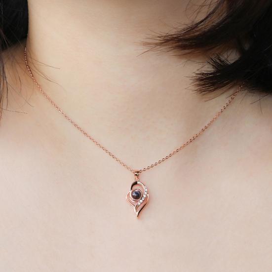 I Love You In 100 Languages Rhinestone Inlaid Hollow Heart Projection Necklace