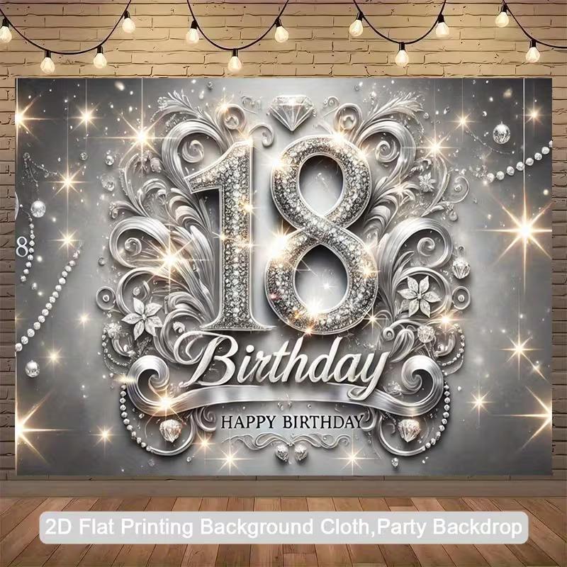 2D Silver Diamond 18th Happy Birthday Backdrop Photography Background