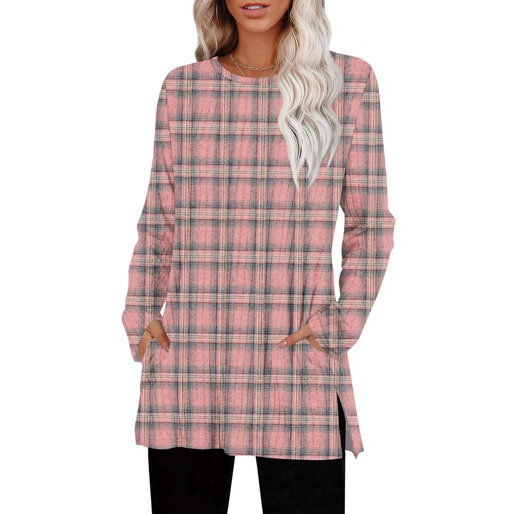 Womens Sweaters Crewneck Long Sleeve Shirts With Pockets Fall Outfits Fashion Winter Clothing Side Slit